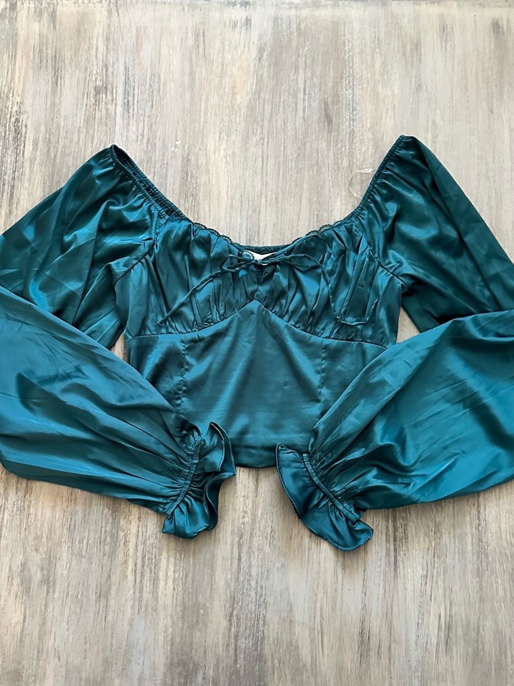 Altar'd State Satin Off-Shoulder Long Sleeve Crop Top